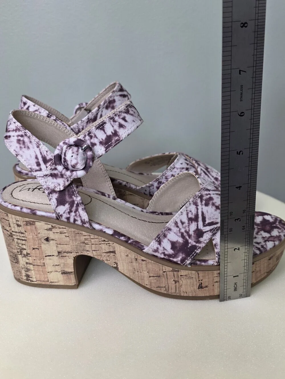 LifeStride Neutral Platform Sandals Cork Block Heel Purple Shibori 7.5M NEW!!